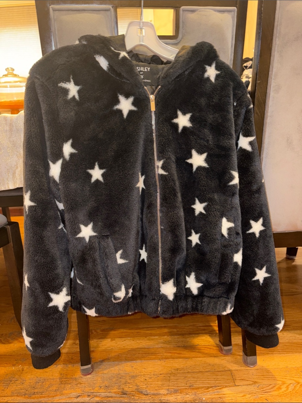 Ashley By 26 International Black Plush Hooded Jacket with White Star Print